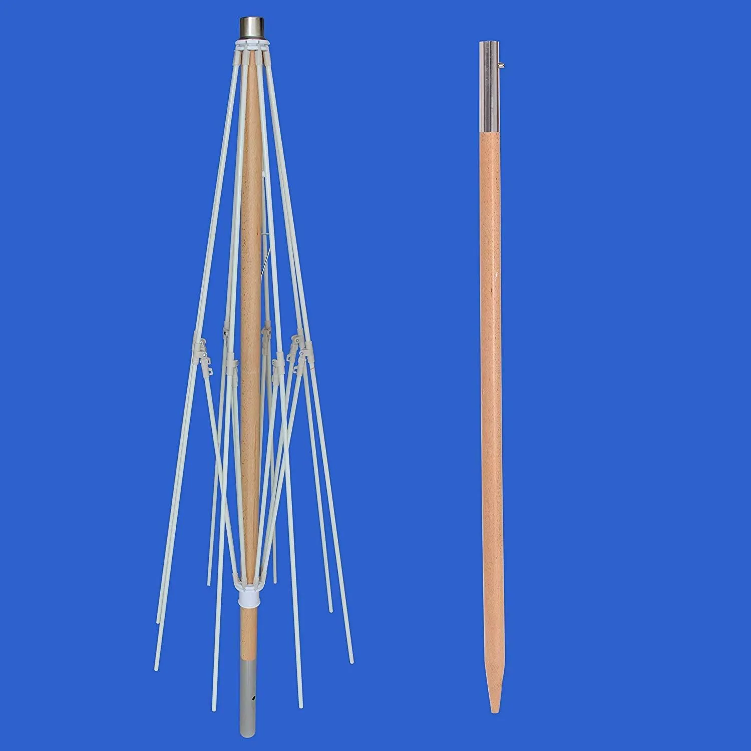 AMMSUN 7.5ft Heavy Duty HIGH Wind Beach Umbrella Commercial Grade Patio Beach Umbrella with Air Vent Ash Wood Pole & Carry Bag UPF 50  Protection Stripe Blue white