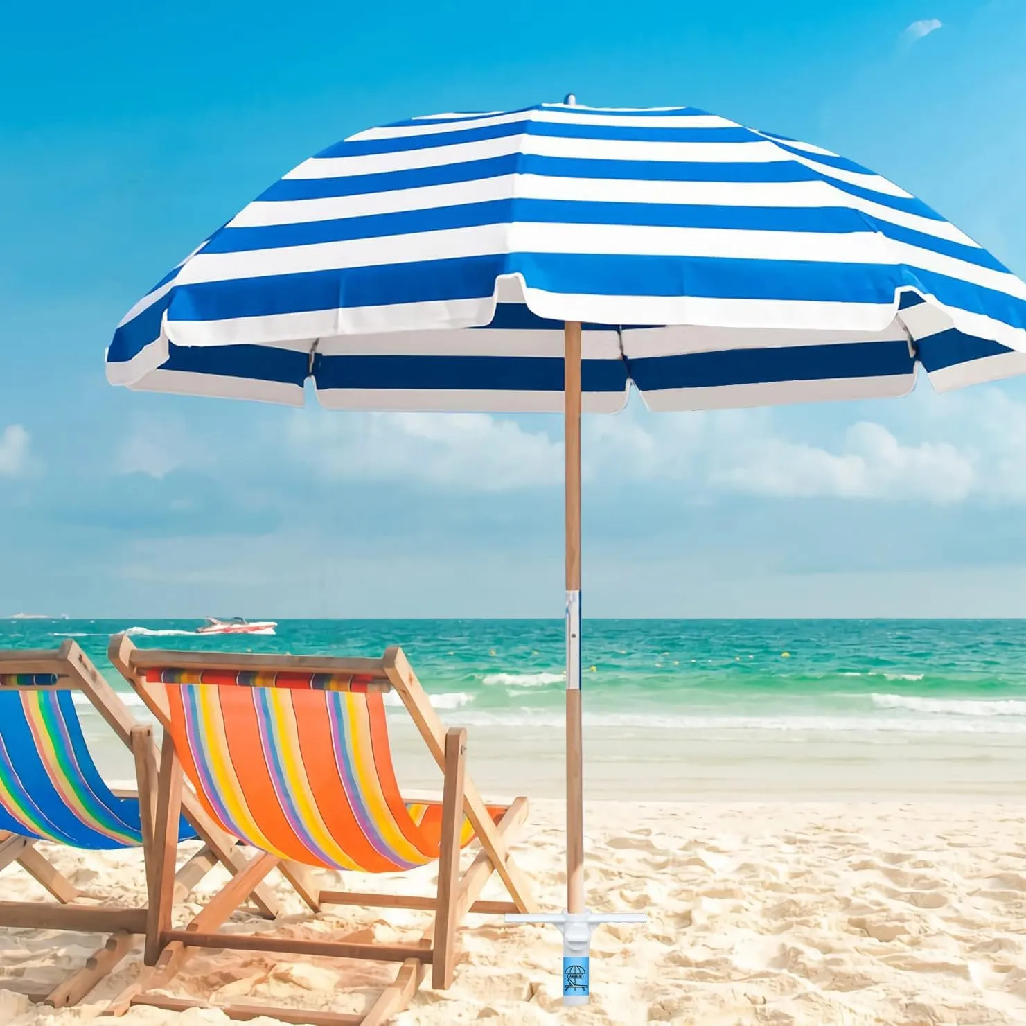 AMMSUN 7.5ft Heavy Duty HIGH Wind Beach Umbrella Commercial Grade Patio Beach Umbrella with Air Vent Ash Wood Pole & Carry Bag UPF 50  Protection Stripe Blue white
