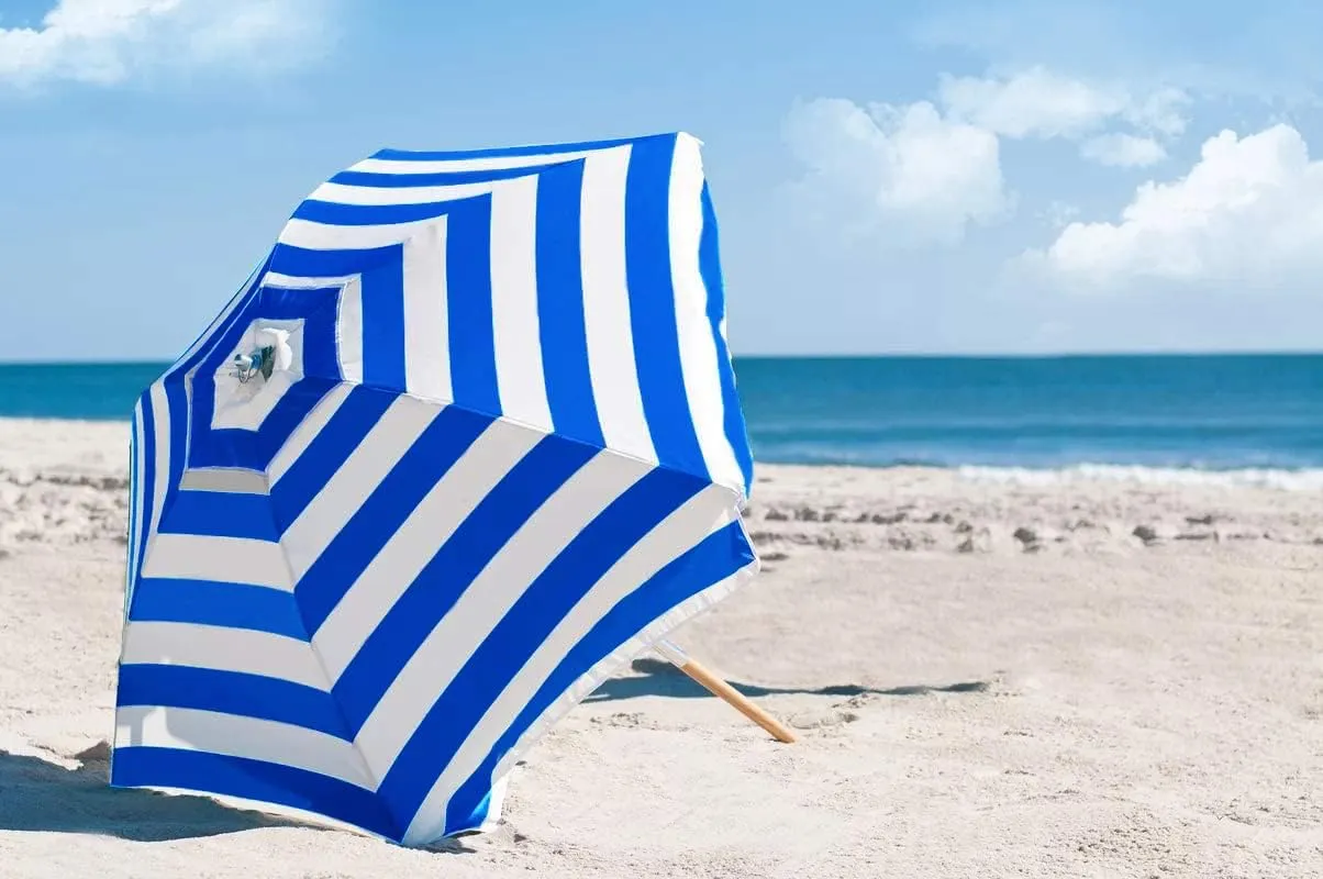 AMMSUN 7.5ft Heavy Duty HIGH Wind Beach Umbrella Commercial Grade Patio Beach Umbrella with Air Vent Ash Wood Pole & Carry Bag UPF 50  Protection Stripe Blue white