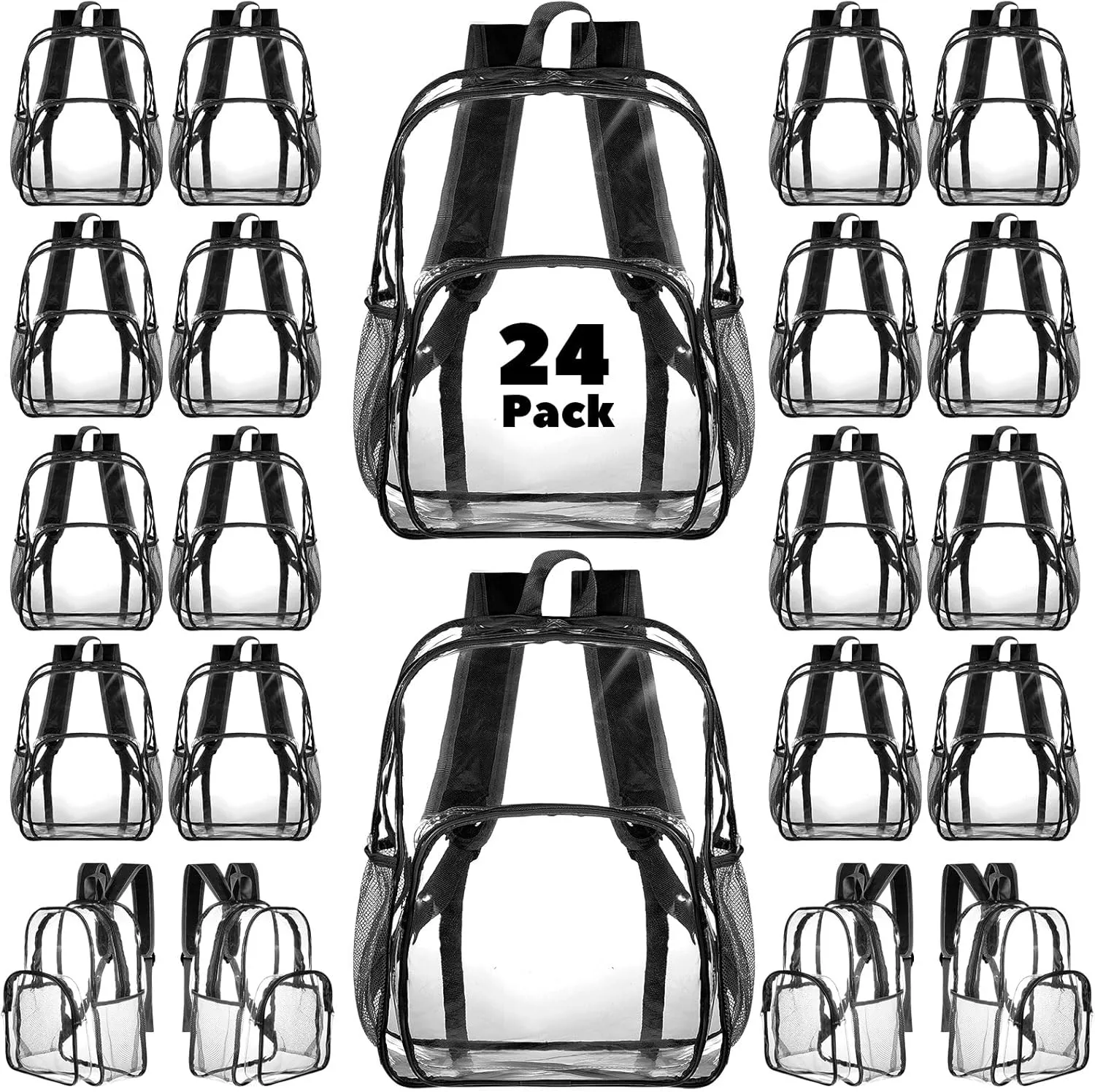 Amylove 24 Pcs Clear Backpack Bulk Stadium Approved Heavy Duty Clear Backpacks for Travel Security Sport (15 Inches,Black)