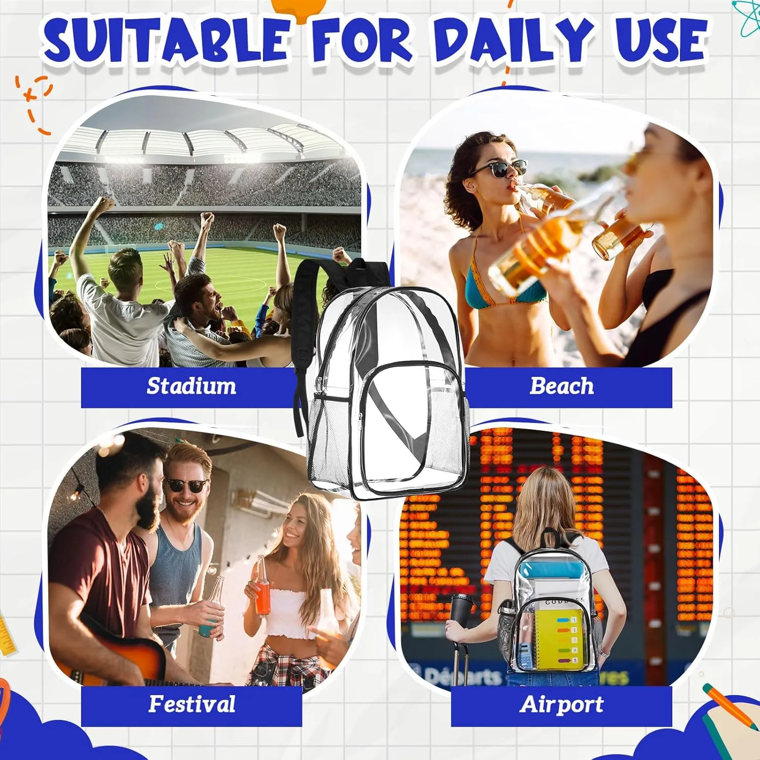 Amylove 24 Pcs Clear Backpack Bulk Stadium Approved Heavy Duty Clear Backpacks for Travel Security Sport (15 Inches,Black)