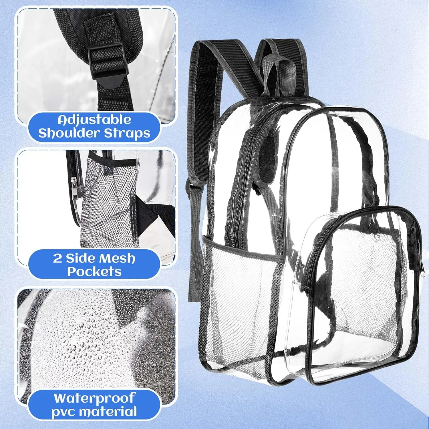 Amylove 24 Pcs Clear Backpack Bulk Stadium Approved Heavy Duty Clear Backpacks for Travel Security Sport (15 Inches,Black)