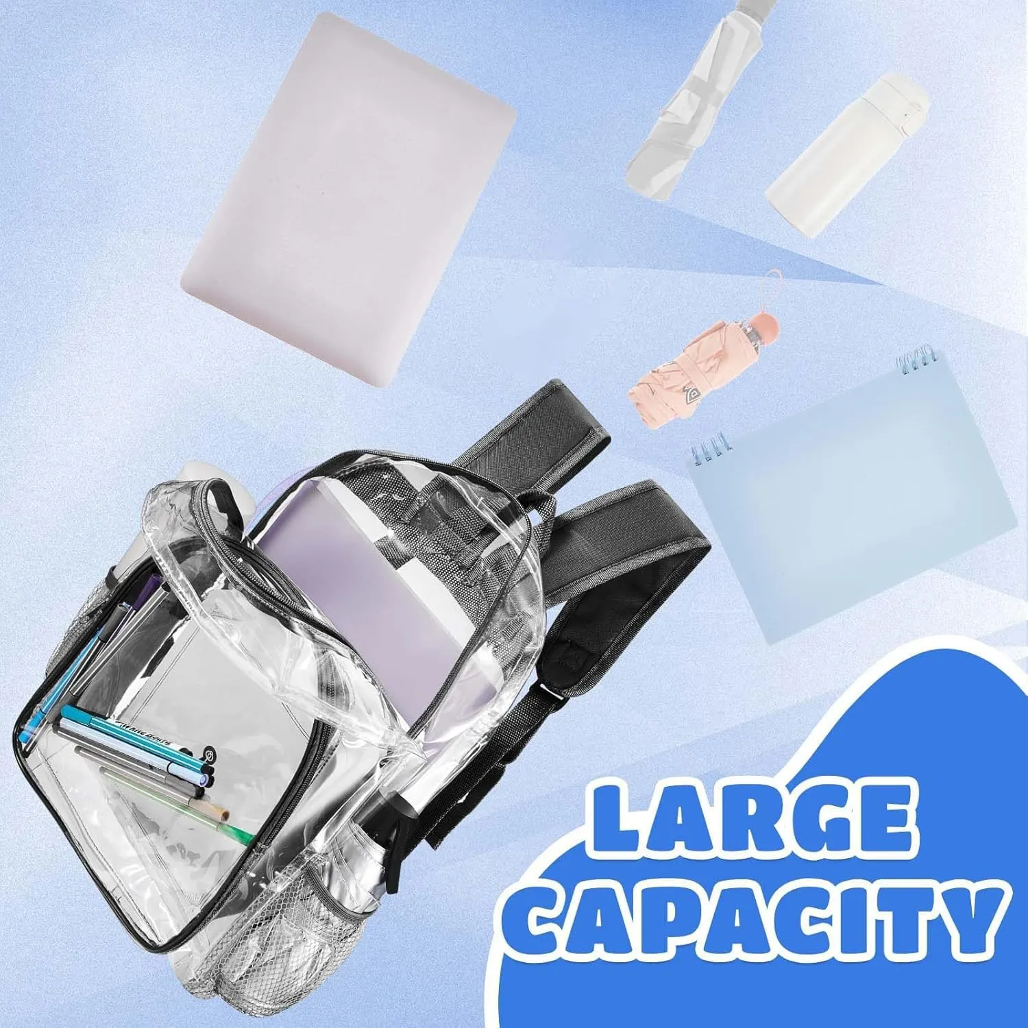 Amylove 24 Pcs Clear Backpack Bulk Stadium Approved Heavy Duty Clear Backpacks for Travel Security Sport (15 Inches,Black)