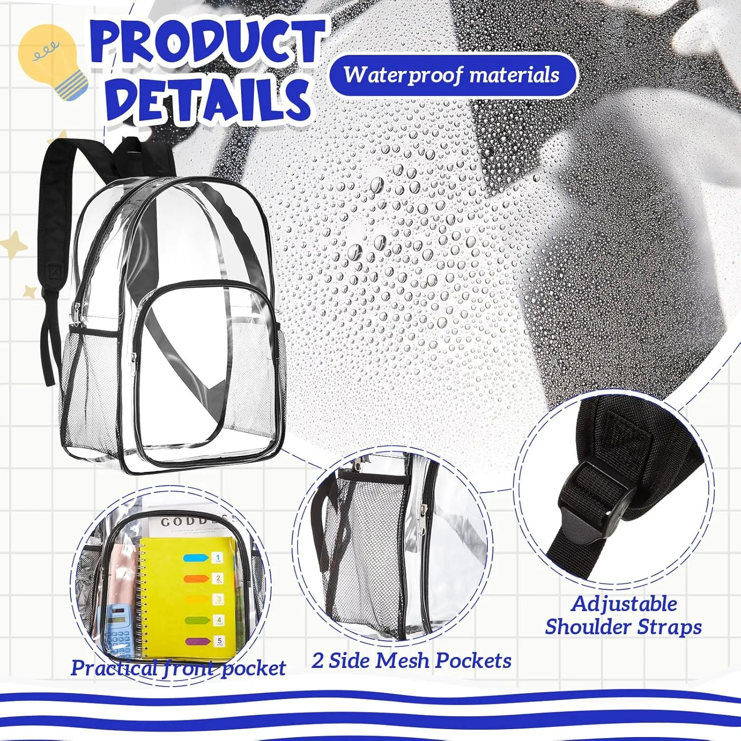 Amylove 24 Pcs Clear Backpack Bulk Stadium Approved Heavy Duty Clear Backpacks for Travel Security Sport (17 Inches,Multicolor)