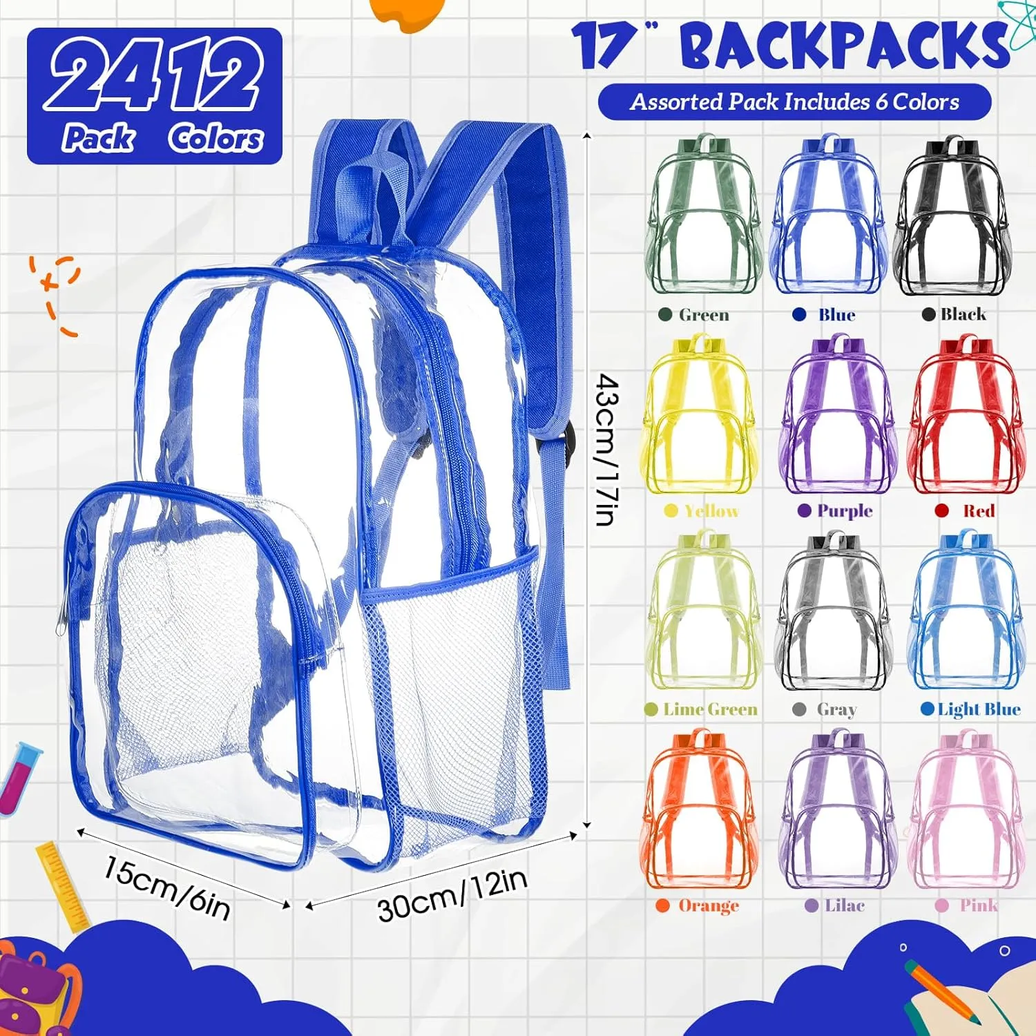 Amylove 24 Pcs Clear Backpack Bulk Stadium Approved Heavy Duty Clear Backpacks for Travel Security Sport (17 Inches,Multicolor)
