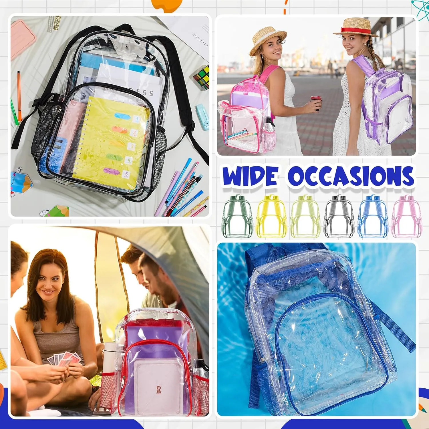 Amylove 24 Pcs Clear Backpack Bulk Stadium Approved Heavy Duty Clear Backpacks for Travel Security Sport (17 Inches,Multicolor)