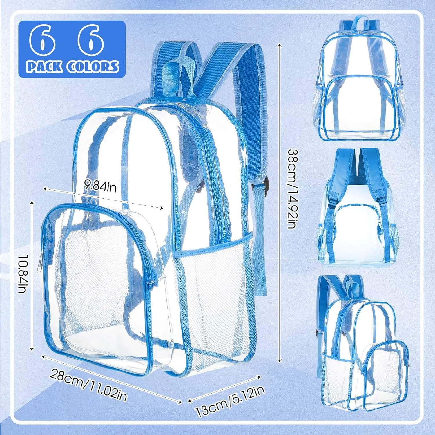Amylove 6 Pcs Wholesale Clear Backpacks clear Backpack Bulk Stadium Approved Heavy Duty Clear Backpacks for Travel Security Sport (15 Inches,Multicolor)