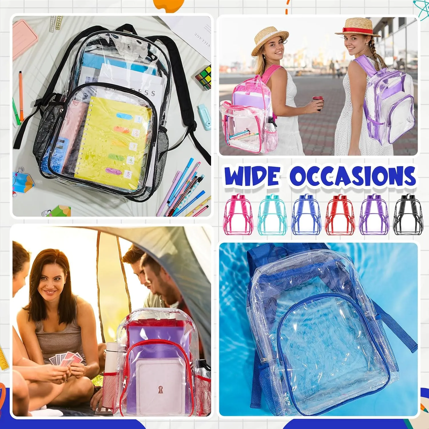 Amylove 6 Pcs Wholesale Clear Backpacks clear Backpack Bulk Stadium Approved Heavy Duty Clear Backpacks for Travel Security Sport (15 Inches,Multicolor)