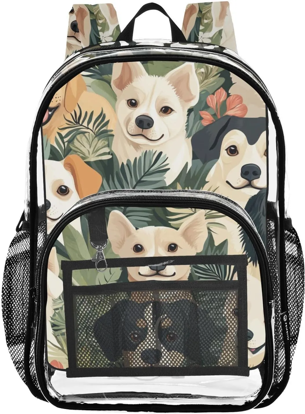 Animals Kids PVC Clear Backpack Dog Shrub Heavy Duty Multi-pockets Large Capacity Transparent See Through Bookbag for School Travel Sport Work