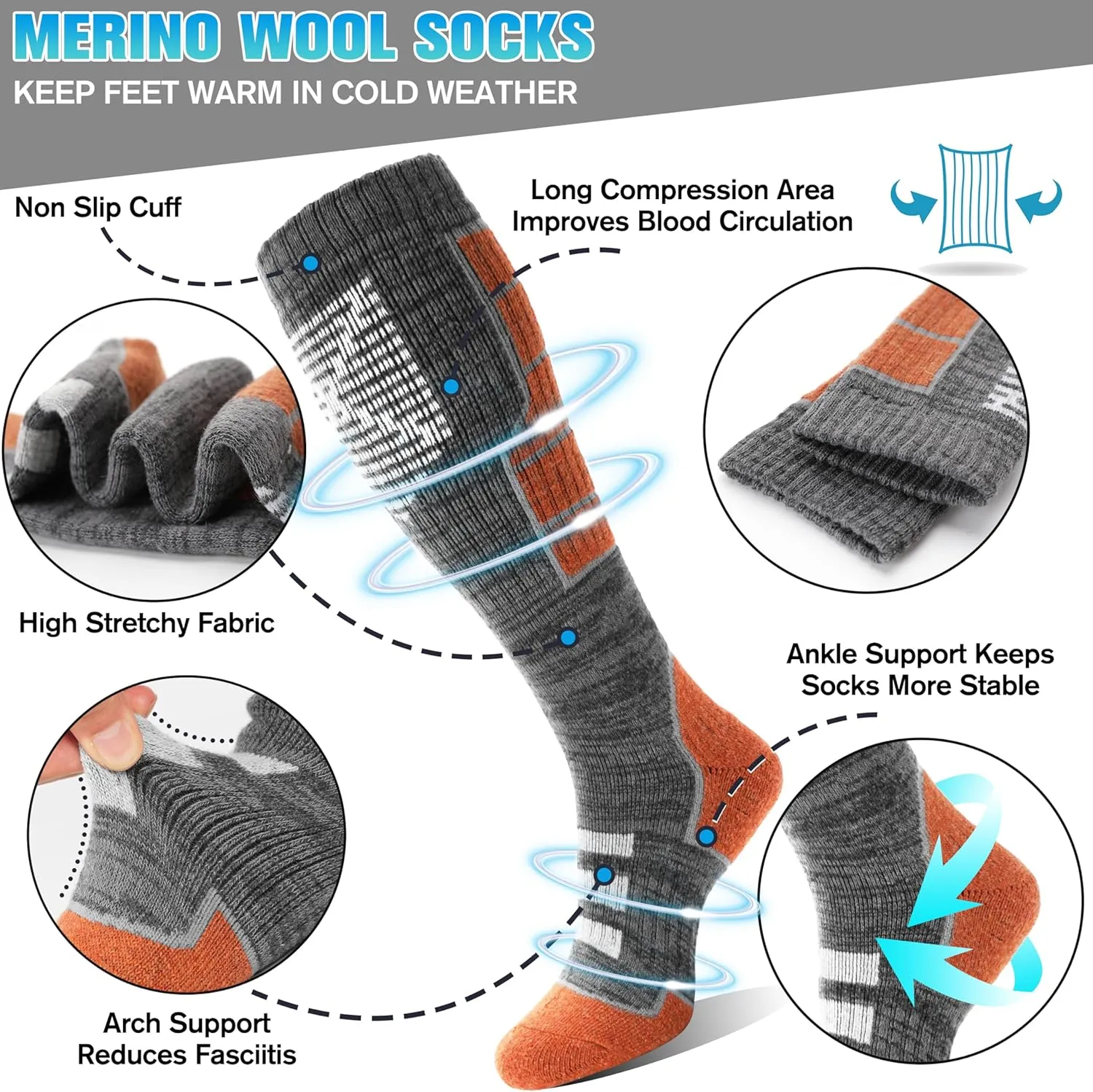 Anlisim 3 Pairs Unisex Merino Wool Ski Thermal Warm Thick Knee High Long Socks