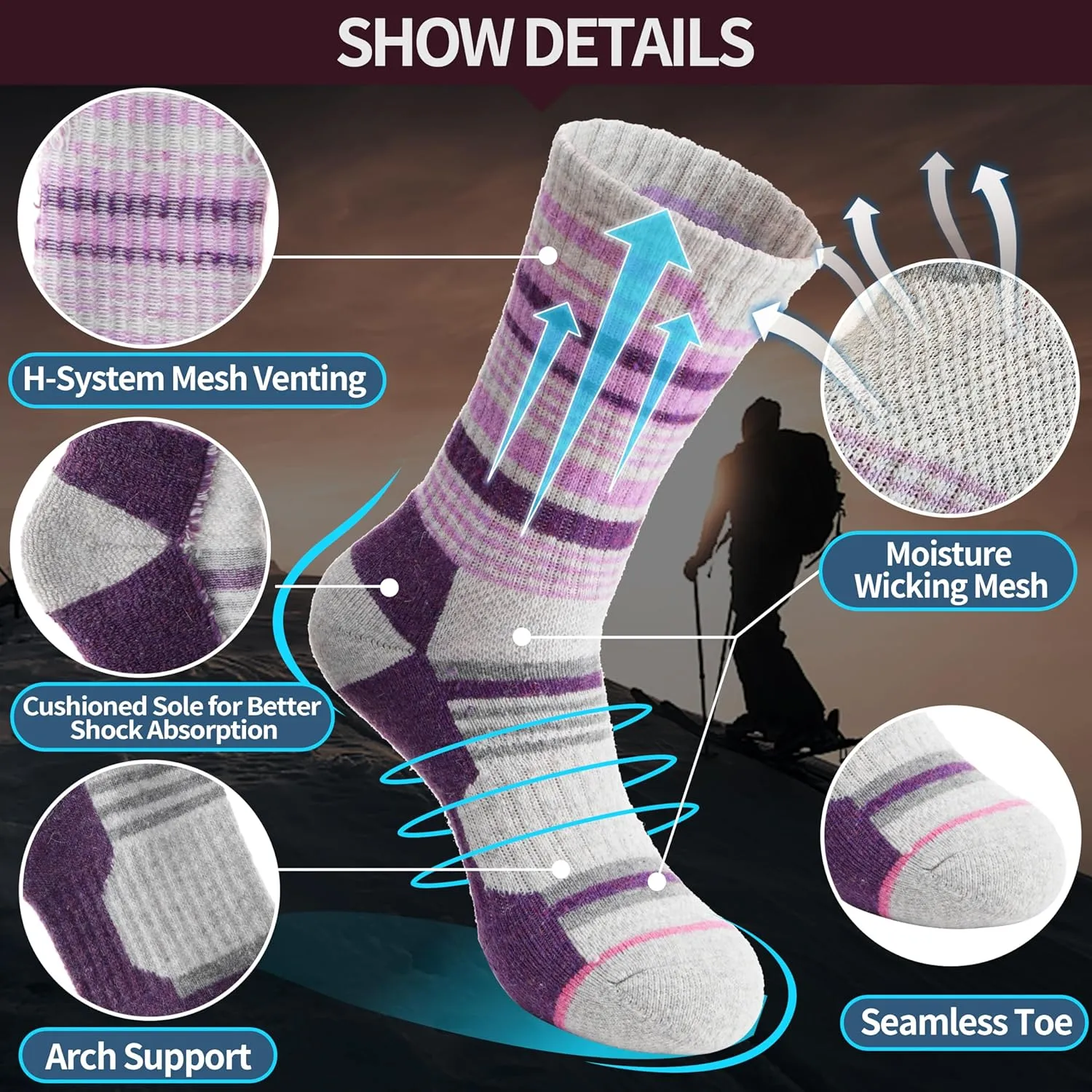 Anlisim Merino Wool Hiking Socks for Women Thermal Winter Warm Boot Work Cushion Socks 5 Pairs