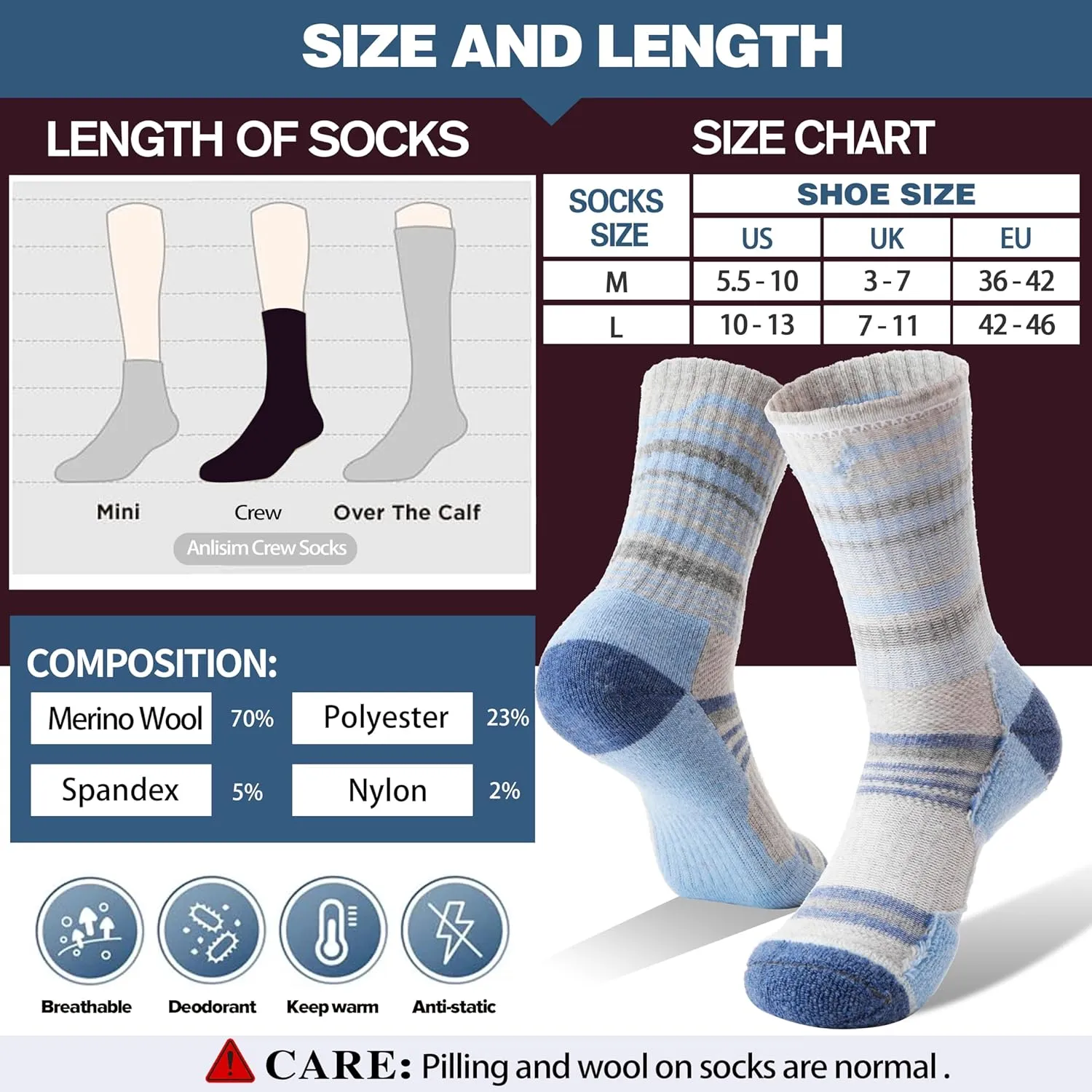 Anlisim Merino Wool Hiking Socks for Women Thermal Winter Warm Boot Work Cushion Socks 5 Pairs