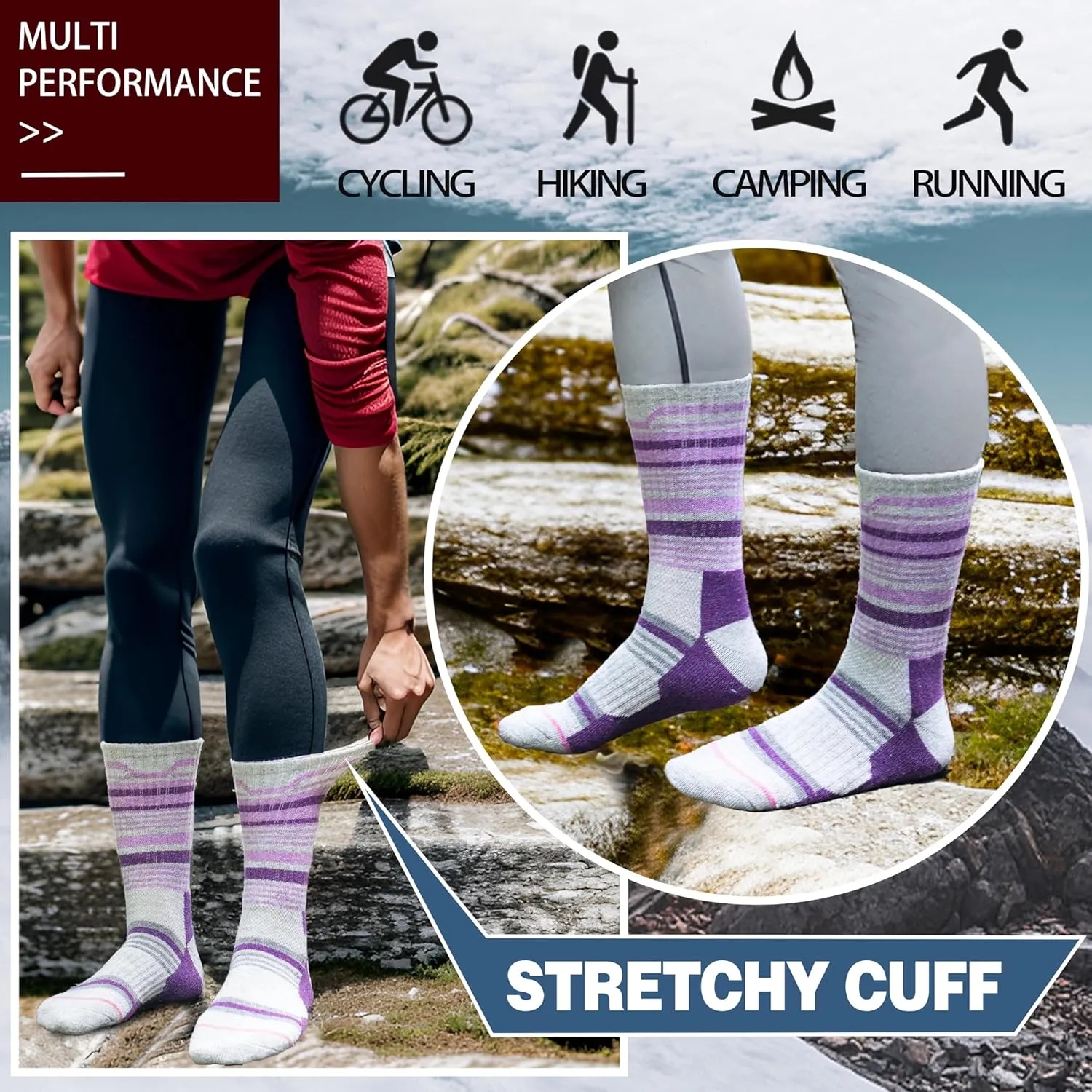 Anlisim Merino Wool Hiking Socks for Women Thermal Winter Warm Boot Work Cushion Socks 5 Pairs