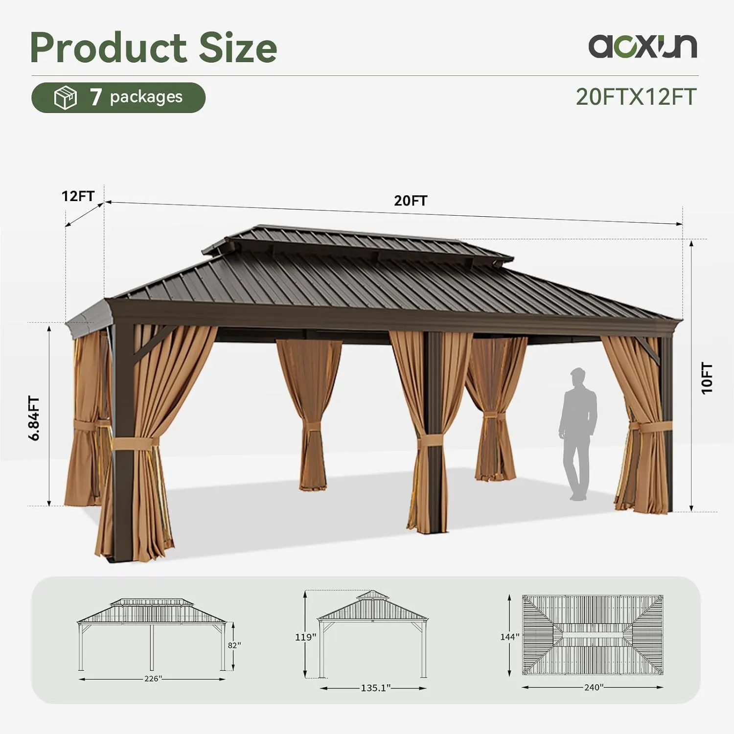 Aoxun 12' X 20' Permanent Hardtop Gazebo Aluminum Gazebo with Galvanized Steel Double Roof for Patio Lawn and Garden, Curtains and Netting Included, Brown