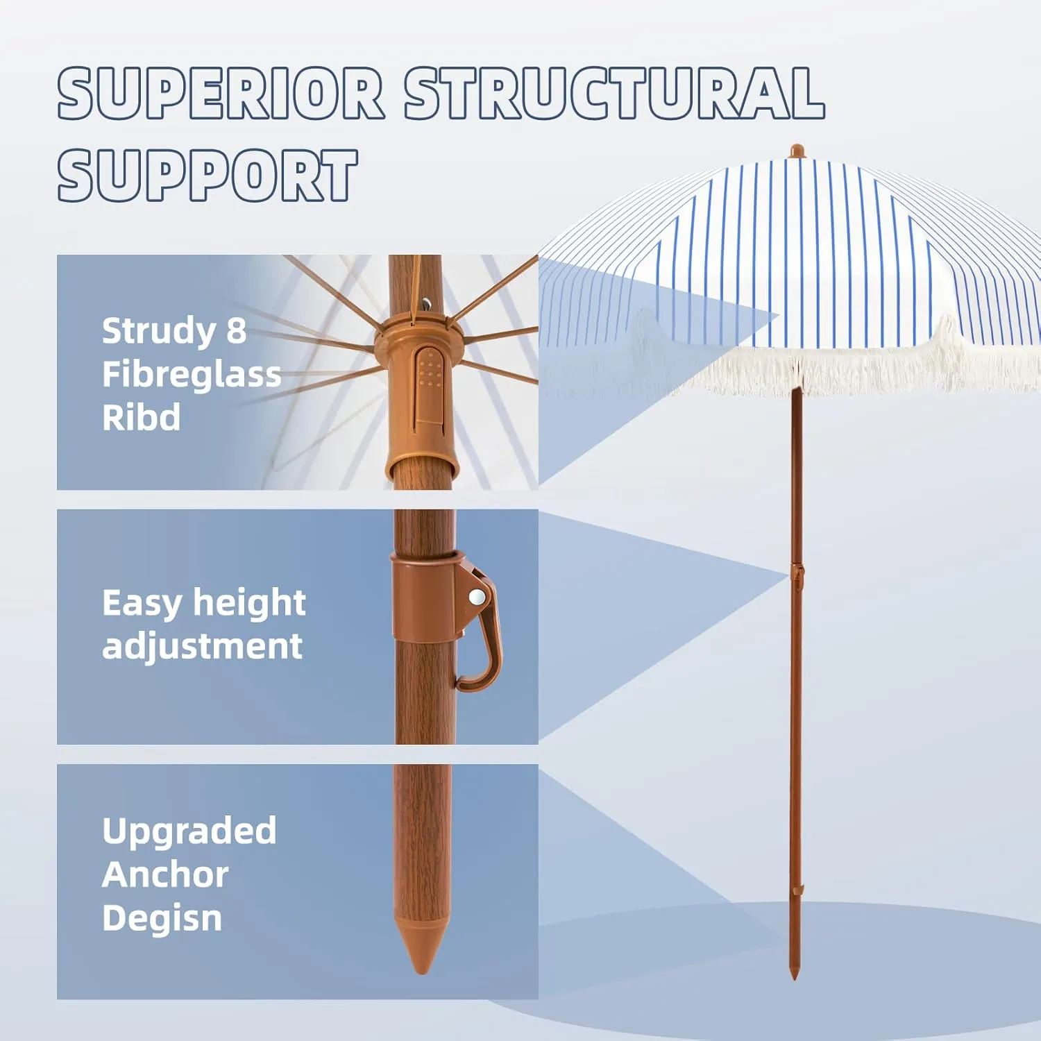 Aoxun 7ft Patio Umbrella with Fringe Outdoor UV 50  Protection Picnic Umbrella with Aluminum Pole, Ribs Push Button Tilt and Carry Bag