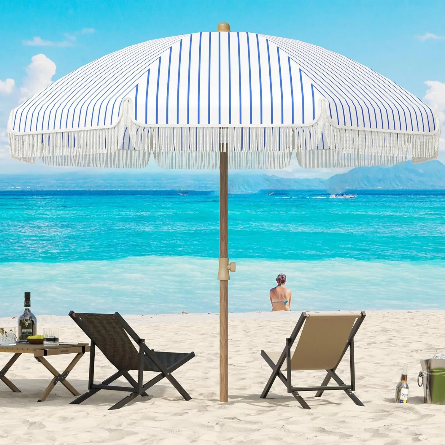 Aoxun 7ft Patio Umbrella with Fringe Outdoor UV 50  Protection Picnic Umbrella with Aluminum Pole, Ribs Push Button Tilt and Carry Bag