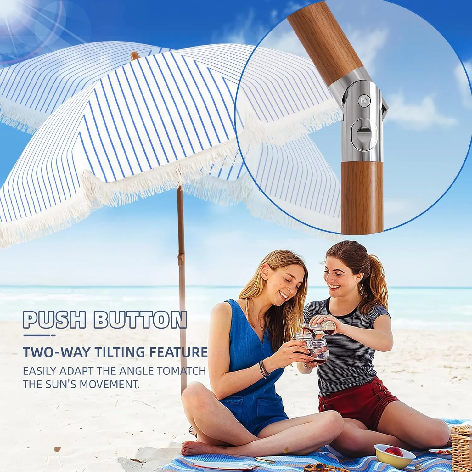 Aoxun 7ft Patio Umbrella with Fringe Outdoor UV 50  Protection Picnic Umbrella with Aluminum Pole, Ribs Push Button Tilt and Carry Bag