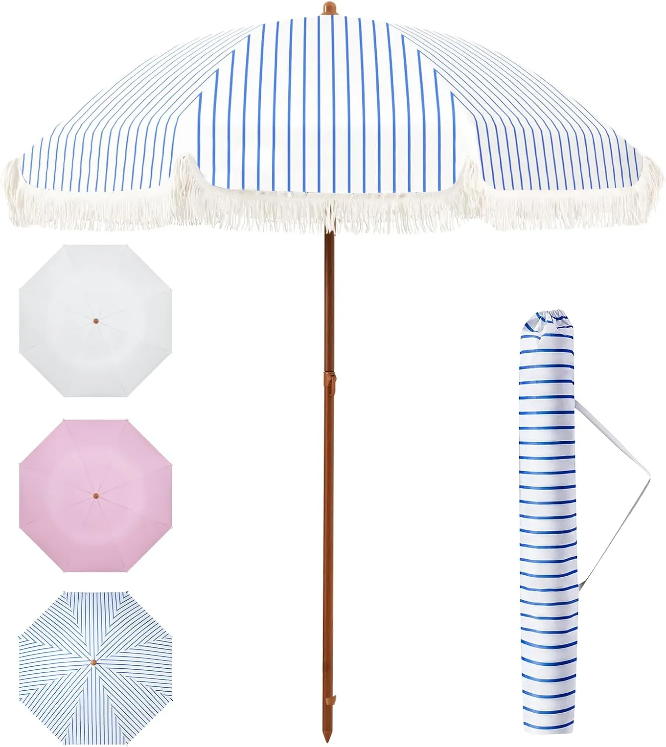 Aoxun 7ft Patio Umbrella with Fringe Outdoor UV 50  Protection Picnic Umbrella with Aluminum Pole, Ribs Push Button Tilt and Carry Bag