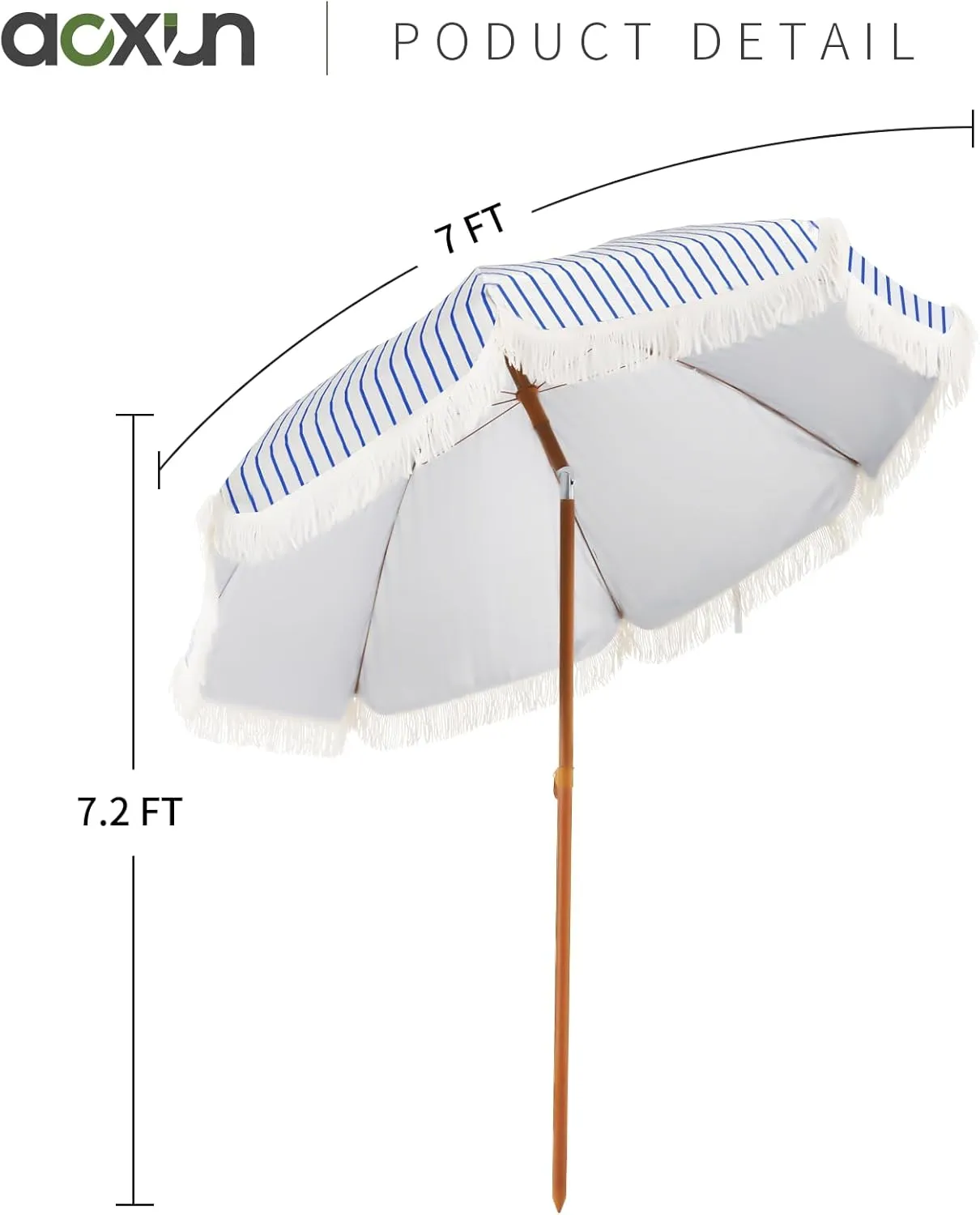 Aoxun 7ft Patio Umbrella with Fringe Outdoor UV 50  Protection Picnic Umbrella with Aluminum Pole, Ribs Push Button Tilt and Carry Bag