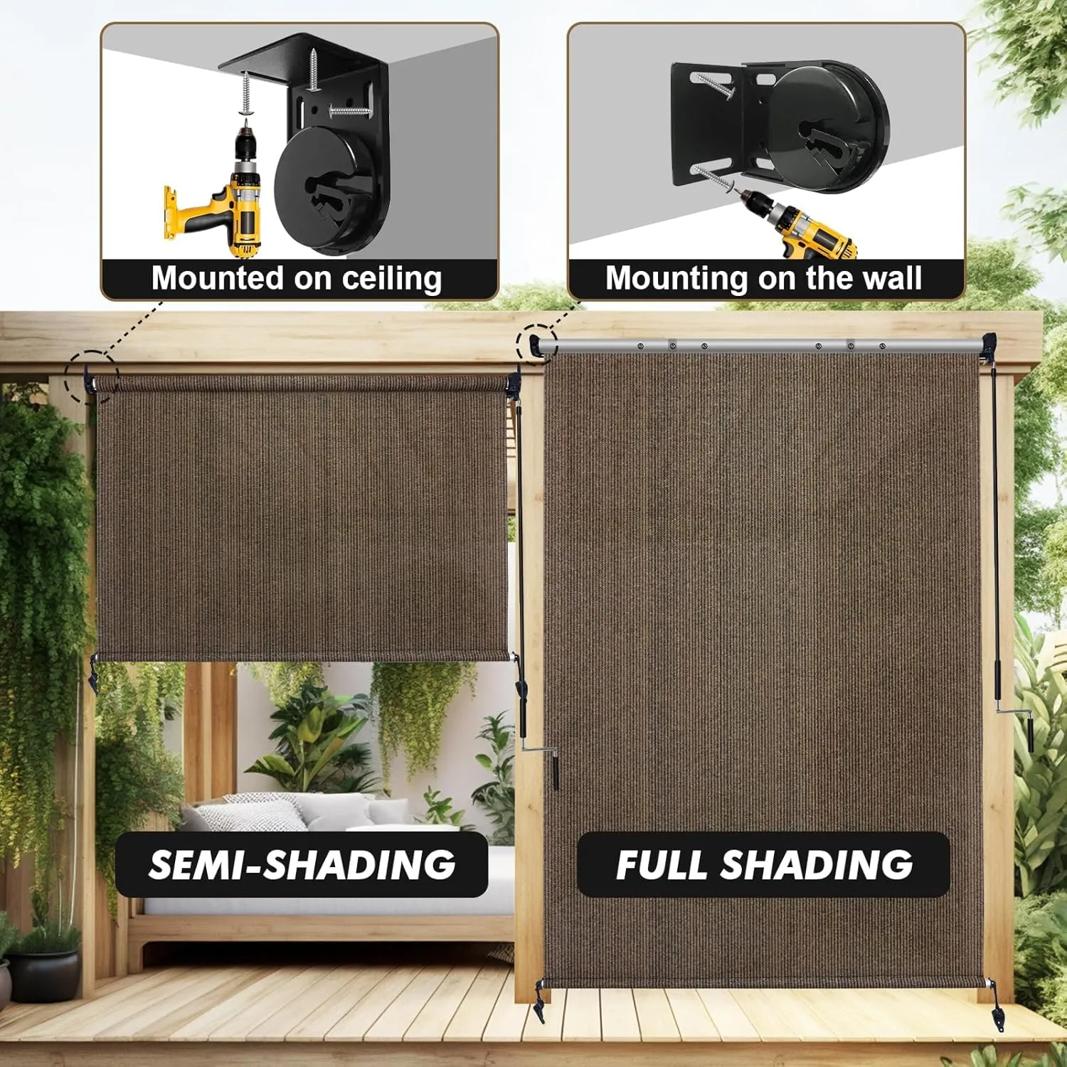 Artpuch Outdoor Roller Shade 8'(W) x6'(H) Fabric Blind Mocha 220GSM Roll Up Shade, Wand Operation Exterior Roller Shade Cloth for Patio Porch Gazebo, Spliced of Two Sections