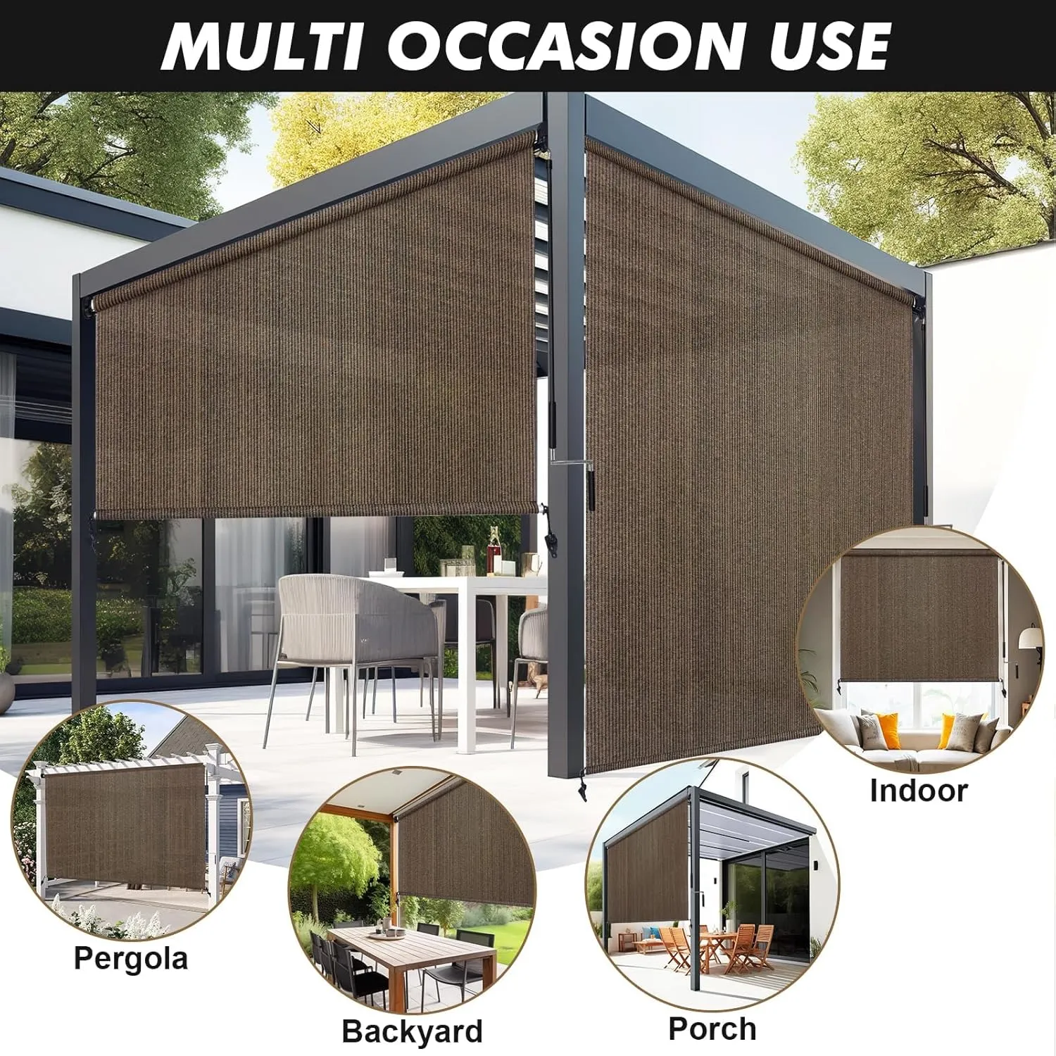 Artpuch Outdoor Roller Shade 8'(W) x6'(H) Fabric Blind Mocha 220GSM Roll Up Shade, Wand Operation Exterior Roller Shade Cloth for Patio Porch Gazebo, Spliced of Two Sections