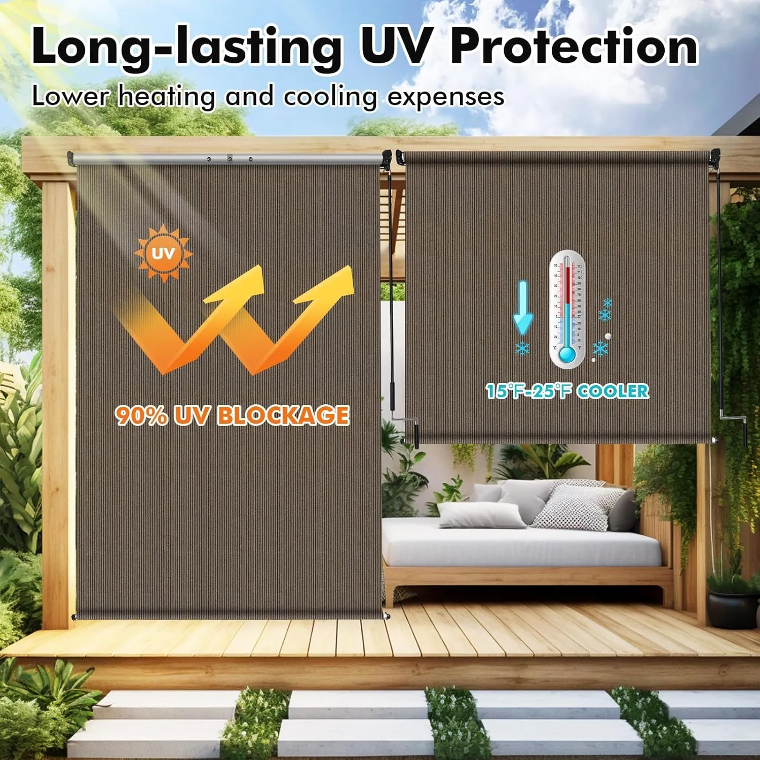 Artpuch Outdoor Roller Shade 8'(W) x6'(H) Fabric Blind Mocha 220GSM Roll Up Shade, Wand Operation Exterior Roller Shade Cloth for Patio Porch Gazebo, Spliced of Two Sections