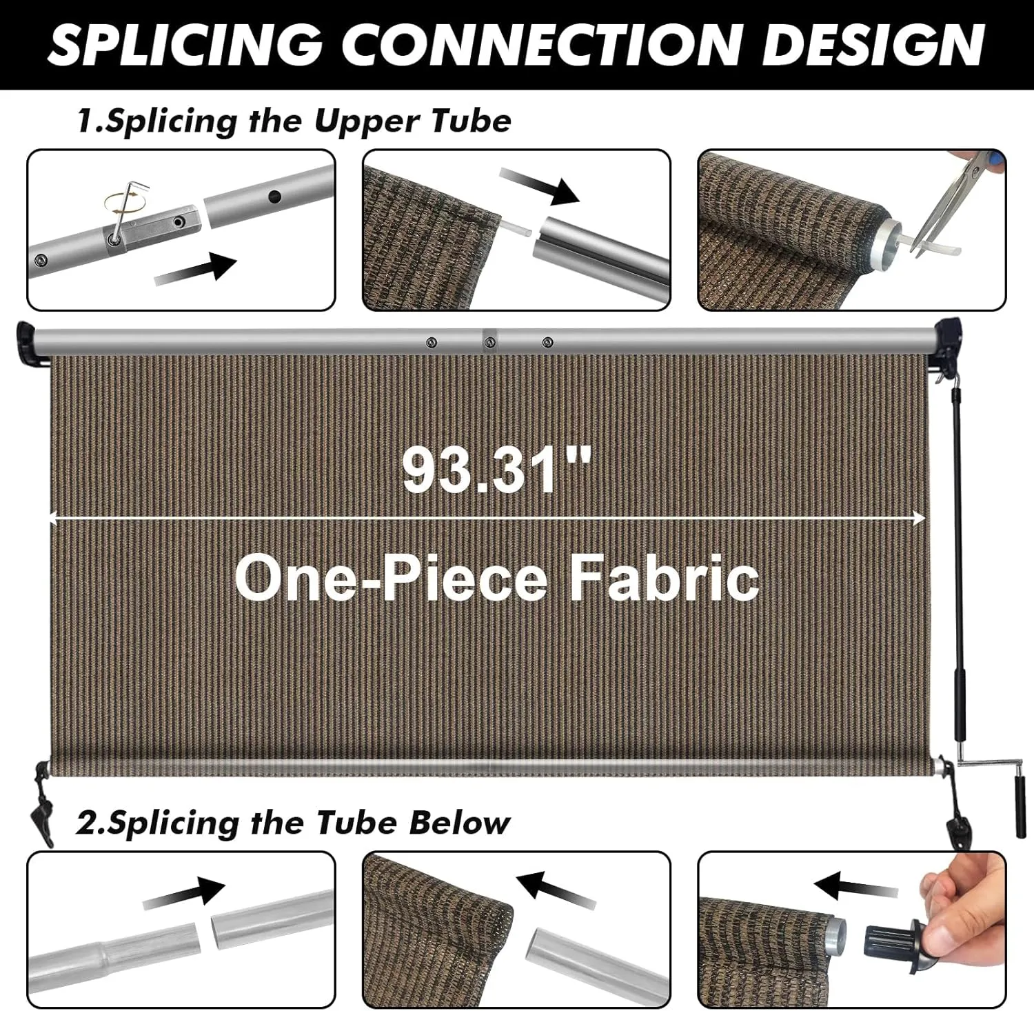 Artpuch Outdoor Roller Shade 8'(W) x6'(H) Fabric Blind Mocha 220GSM Roll Up Shade, Wand Operation Exterior Roller Shade Cloth for Patio Porch Gazebo, Spliced of Two Sections