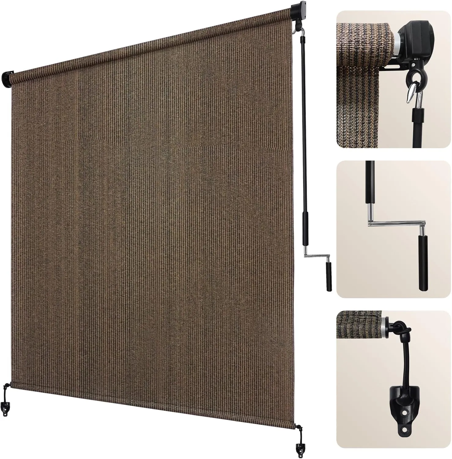 Artpuch Outdoor Roller Shade 8'(W) x6'(H) Fabric Blind Mocha 220GSM Roll Up Shade, Wand Operation Exterior Roller Shade Cloth for Patio Porch Gazebo, Spliced of Two Sections