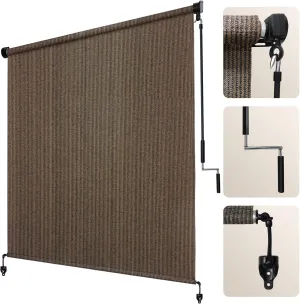 Artpuch Outdoor Roller Shade 8'(W) x6'(H) Fabric Blind Mocha 220GSM Roll Up Shade, Wand Operation Exterior Roller Shade Cloth for Patio Porch Gazebo, Spliced of Two Sections