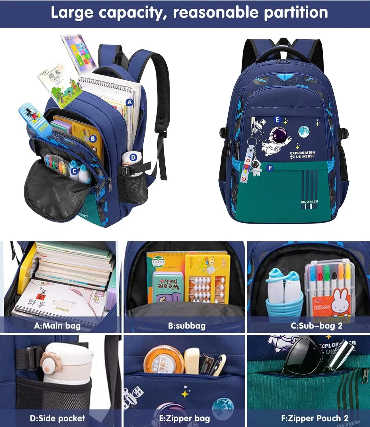 Astronaut Backpack for Boys Teens, Large Capacity School Bag Bookbag for Kids Elementary Middle (Blue Cyan)