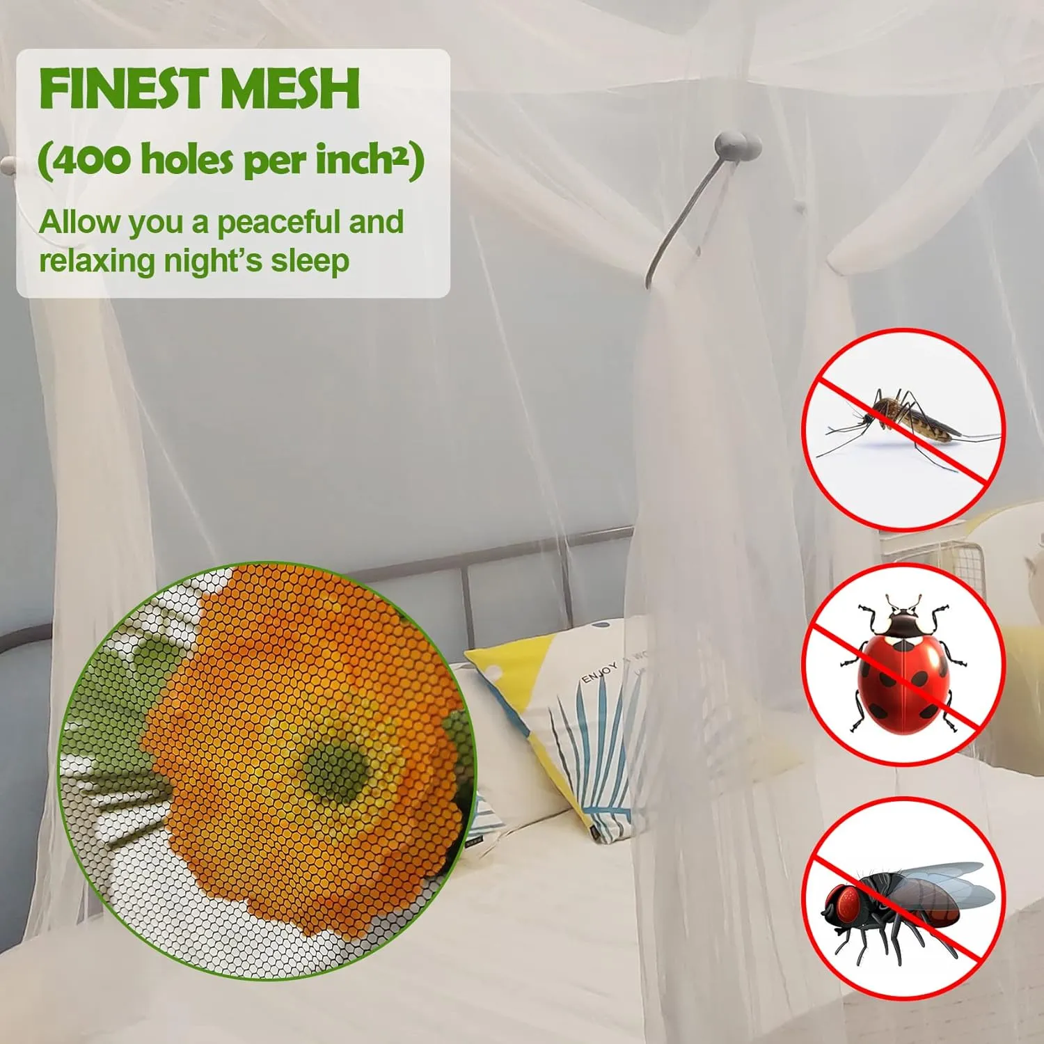 Aventik EDSRDLUZ 400 Fine Meshes Luxury Mosquito Large Square Net for Single to King-Sized Beds, 2 Side Openings & 8 Hanging Loops Decorative Rectangular Shape for Home & Travel