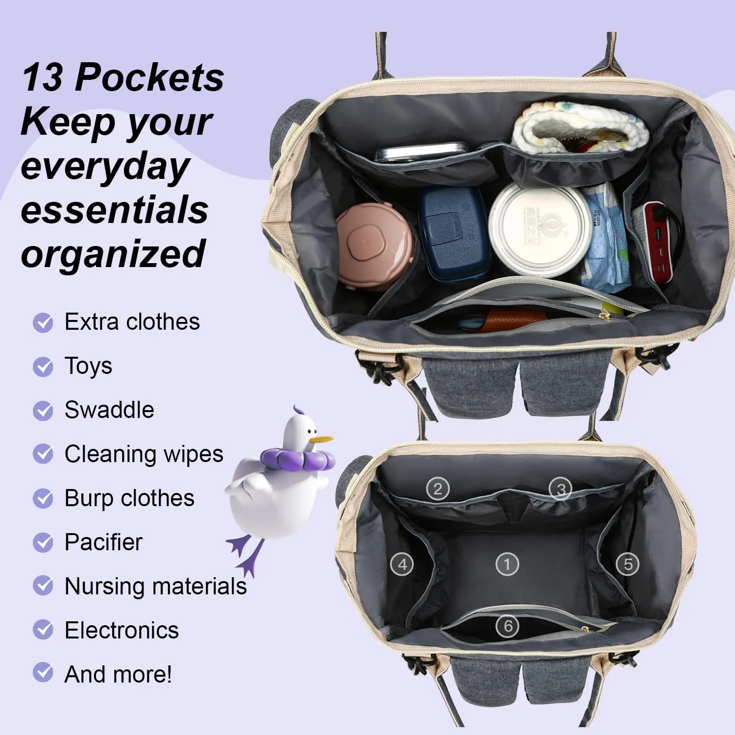 Baby Diaper Bag, Diaper Backpack with 16 Compartments,Large Capacity Baby Bag with Stroller Strap, Mommy Bag with USB Charging Port,Gray