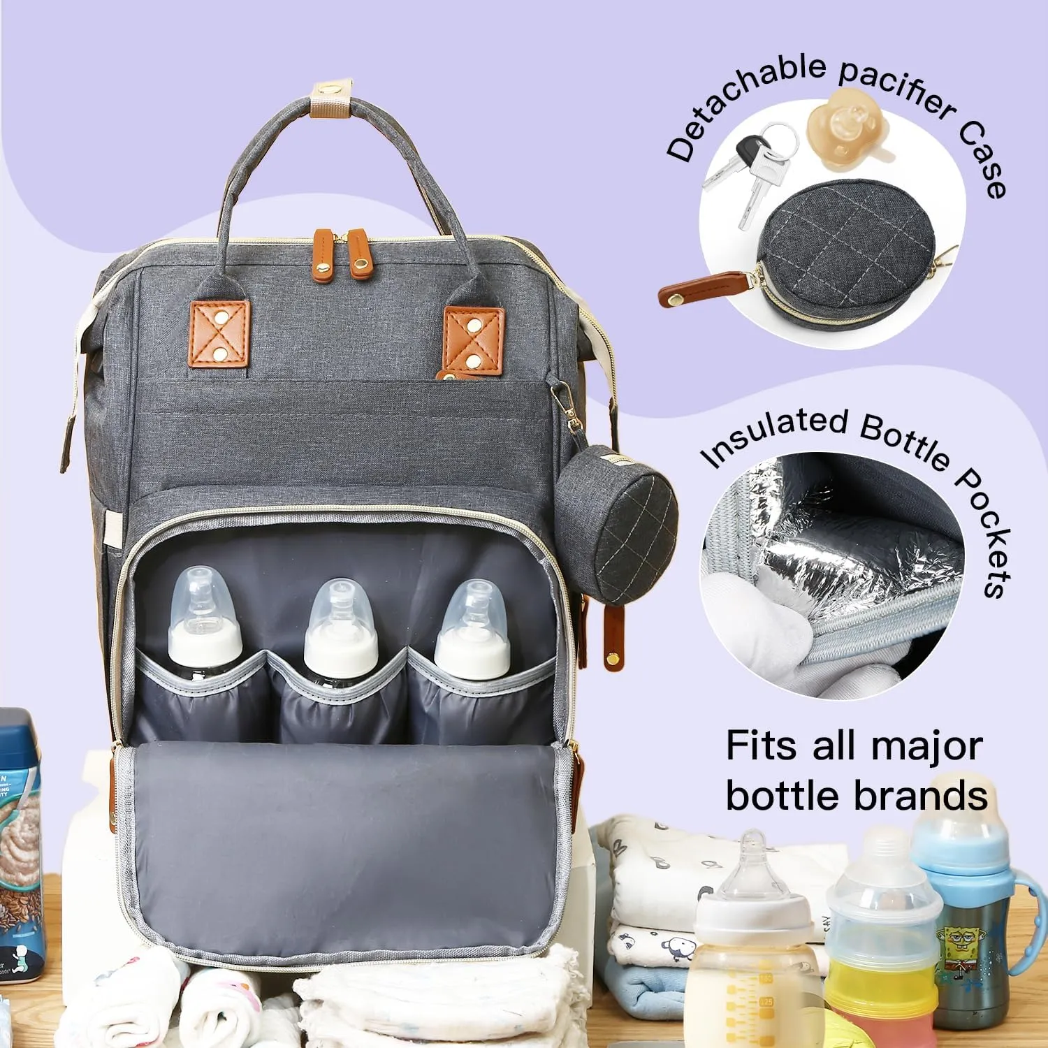 Baby Diaper Bag, Diaper Backpack with 16 Compartments,Large Capacity Baby Bag with Stroller Strap, Mommy Bag with USB Charging Port,Gray