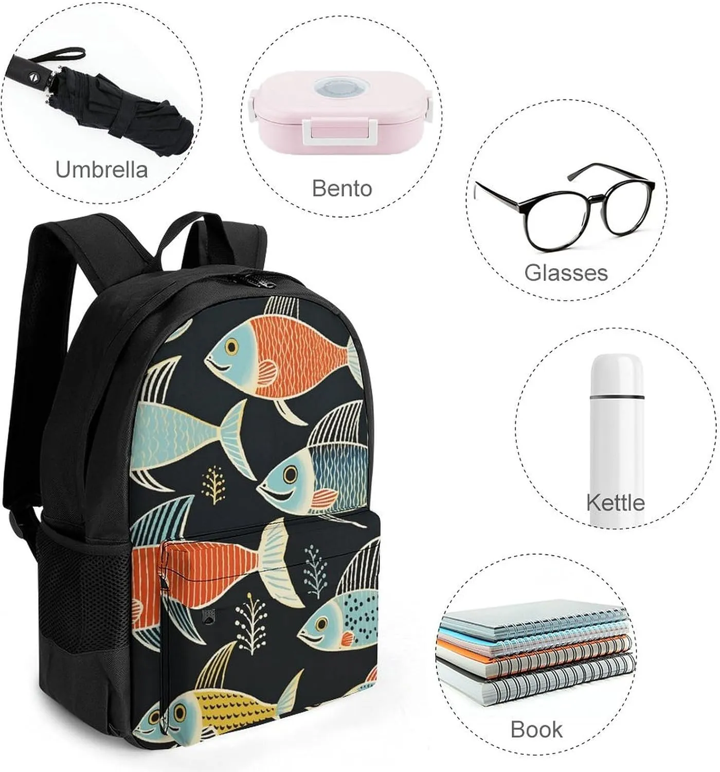 Backpack for Men Women Laptop Backpack Fish Print Pattern Casual Daypack Laptop Bag for Travel