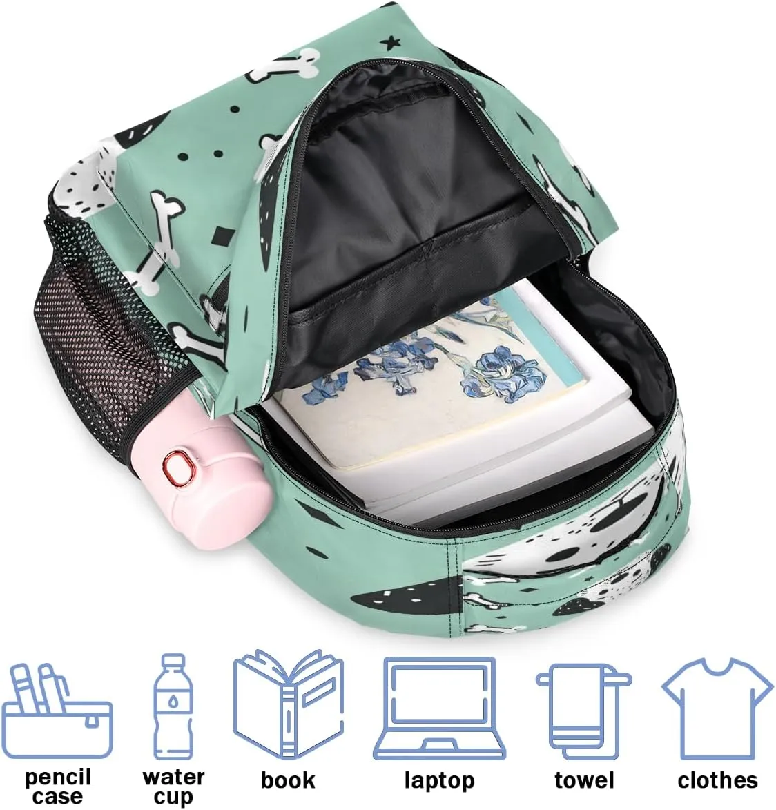 Backpack for Women Men, Waterproof Dog Casual Back Pack, Lightweight Paw Print Bones Daypack Bag for Travel Camping Work
