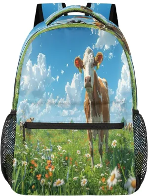 Backpack Meadow Flowers Cow Laptop Backpacks Casual College Travel Bag Hiking Daypack for Women Men