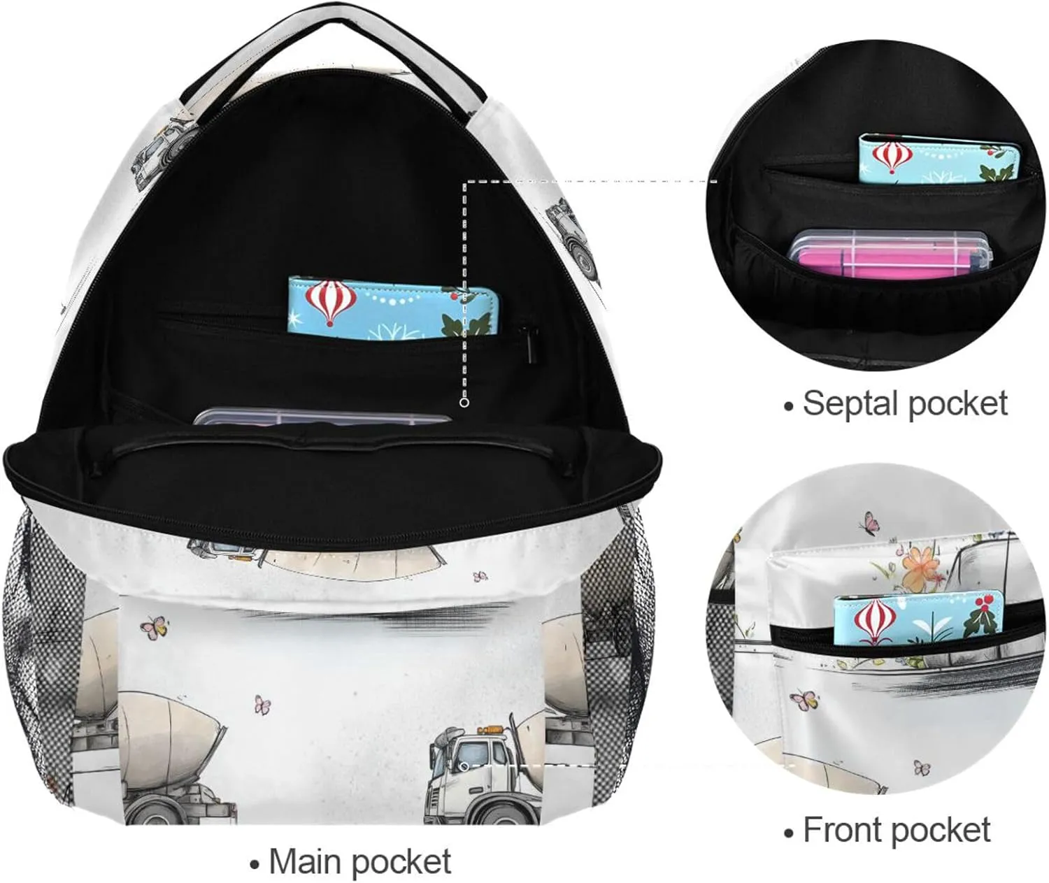 Backpacks for Men and Women Fashion Carry On Backpacks with Chest Strap for Travel Trip Cartoon Sweet Concrete Mixer Truck