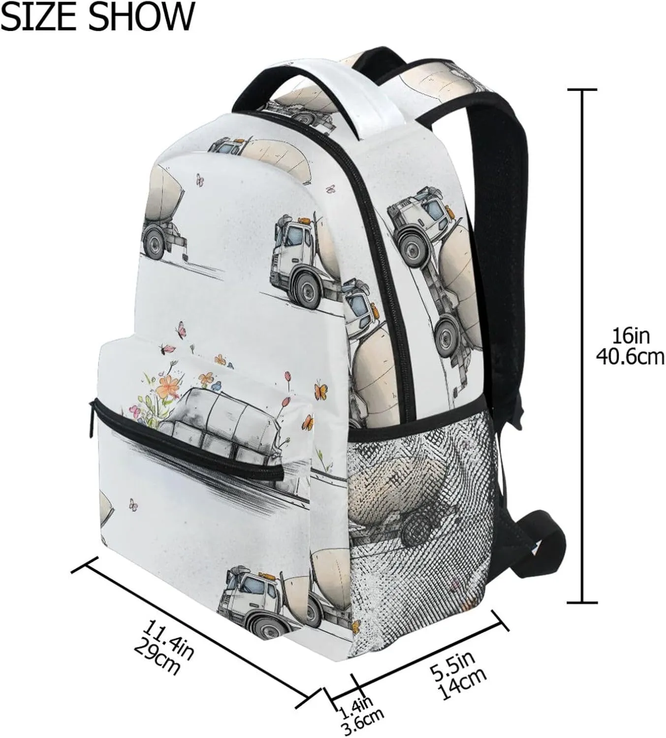 Backpacks for Men and Women Fashion Carry On Backpacks with Chest Strap for Travel Trip Cartoon Sweet Concrete Mixer Truck