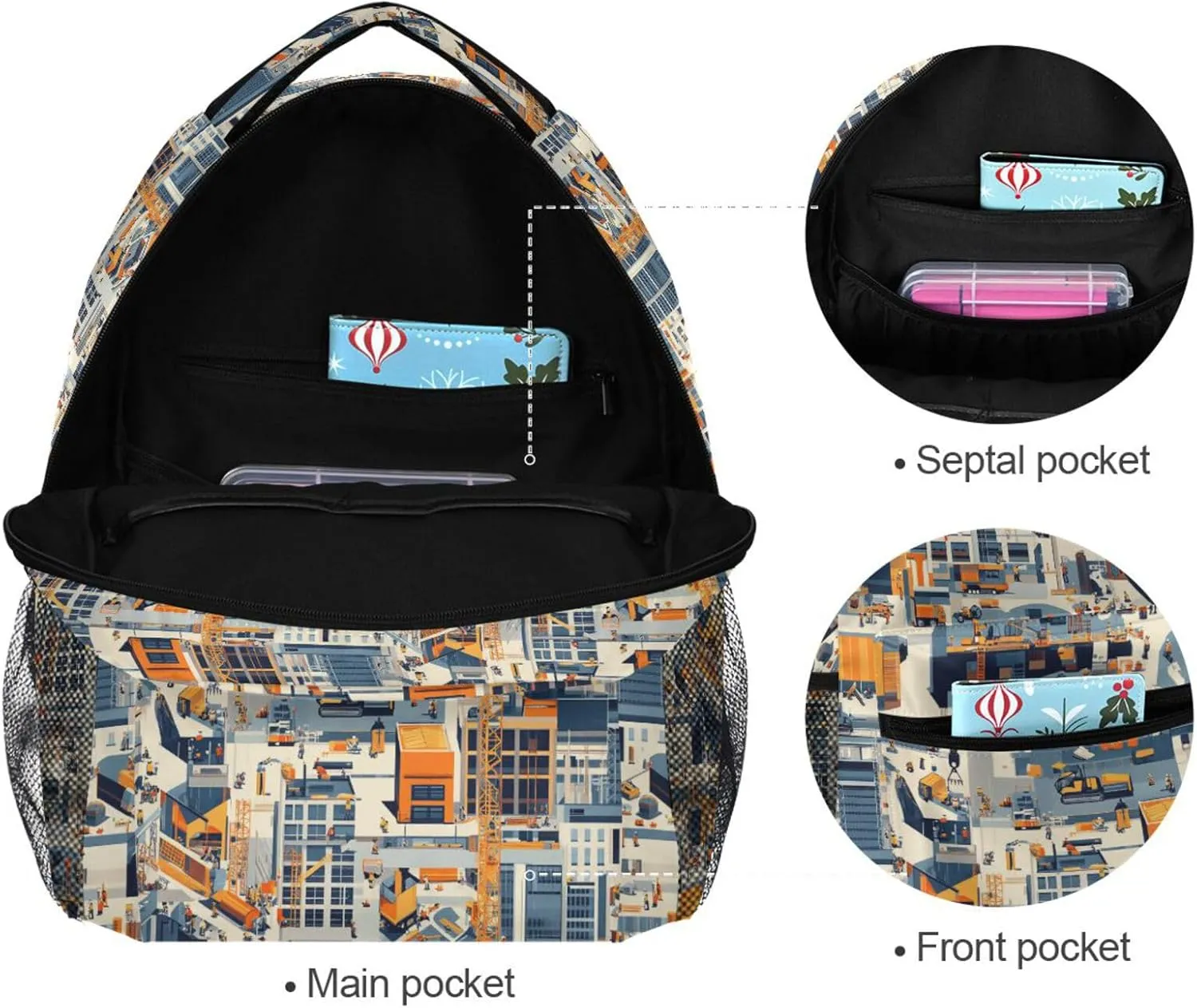Backpacks for Teens Boys Girls Fashion Outdoor Backpack with Chest Strap Gift Men & Women Construction Scene Build Tall Buildings Bulldozer