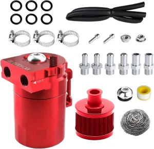 Baffled Oil Catch Can, 300ml Oil Catch Can Tank with Breather Filter Adapters Hose Kit, 2-Port Aluminum Polish Baffled Reservoir Tank, Universal Engine Air Oil Separator Can (Red)