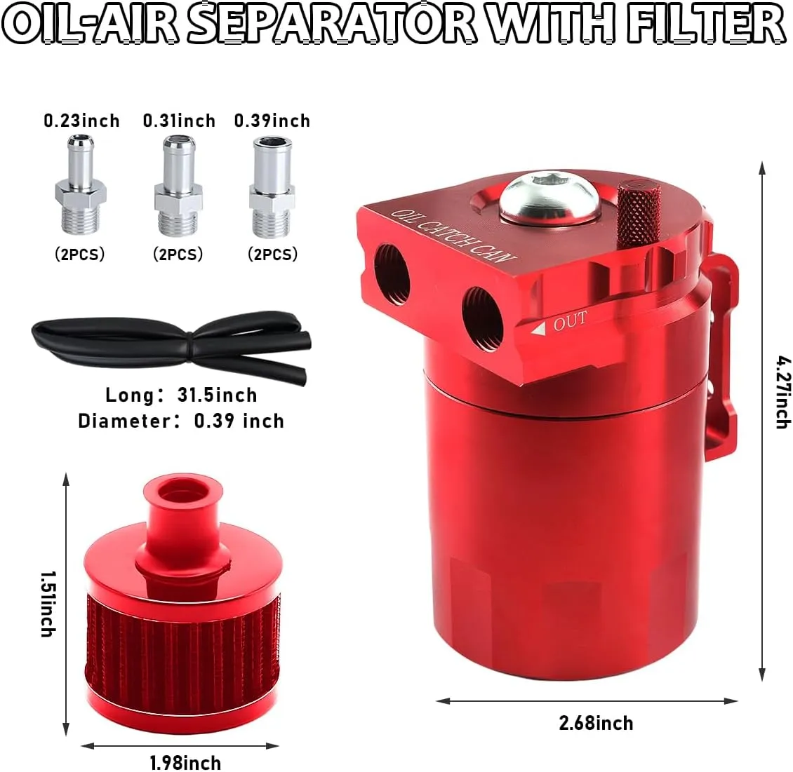 Baffled Oil Catch Can, 300ml Oil Catch Can Tank with Breather Filter Adapters Hose Kit, 2-Port Aluminum Polish Baffled Reservoir Tank, Universal Engine Air Oil Separator Can (Red)