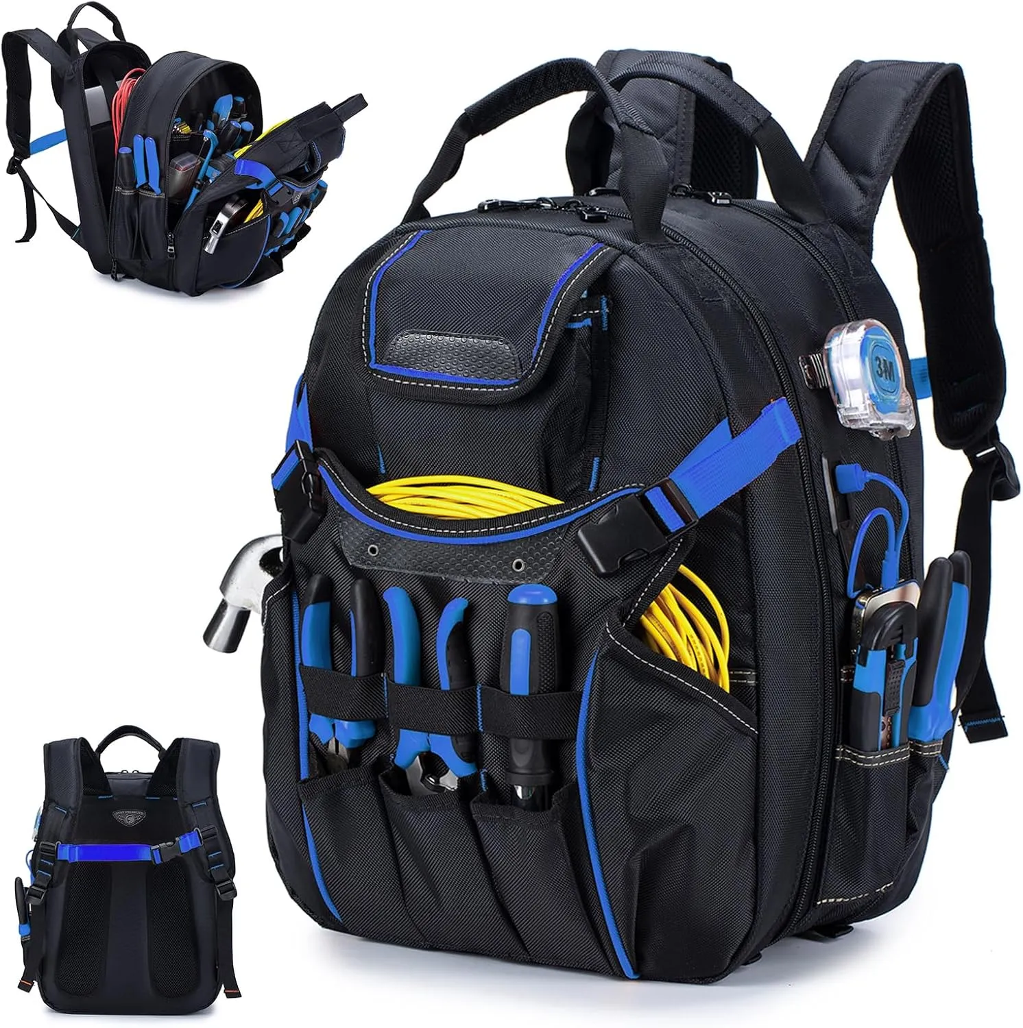 BAGZY 52 Pockets Tool Bag Backpack for Men Storage Organization Tool Bags Heavy Duty with Waterproof Molded Base for Electrician, Repairman Industrial & Construction Work, Blue