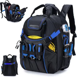 BAGZY 52 Pockets Tool Bag Backpack for Men Storage Organization Tool Bags Heavy Duty with Waterproof Molded Base for Electrician, Repairman Industrial & Construction Work, Blue