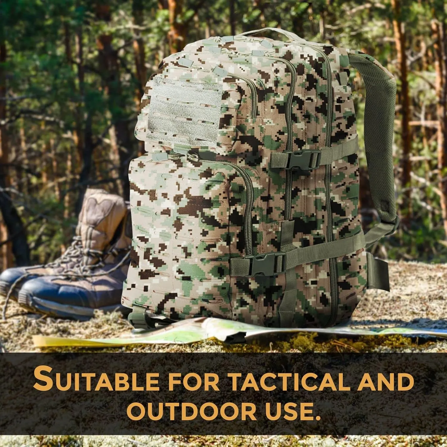 BaHoki Essentials Large Size Tactical Backpack - Military Rucksack with Molle Bags - Ventilated Mesh Adjustable Bag (Woodland Digital)