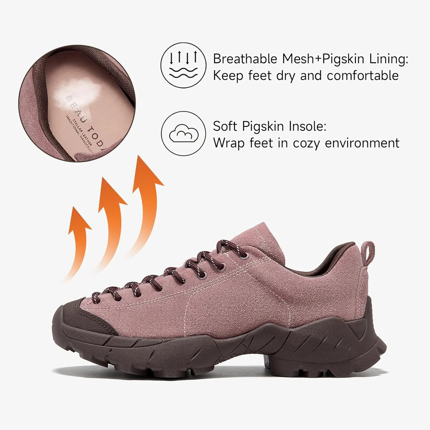 BEAU TODAY Hiking Shoes Women Lightweight,Hike Barefoot Sneakers Women,Wide Toe Box Non-Slip Outdoor Sneakers,Suede Walking Shoes for Trekking Trail Climbing