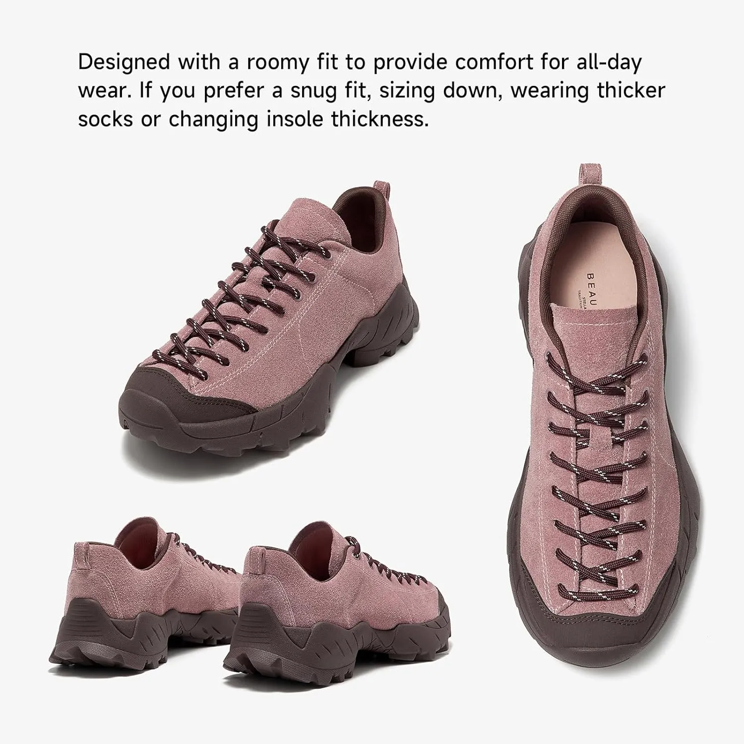 BEAU TODAY Hiking Shoes Women Lightweight,Hike Barefoot Sneakers Women,Wide Toe Box Non-Slip Outdoor Sneakers,Suede Walking Shoes for Trekking Trail Climbing