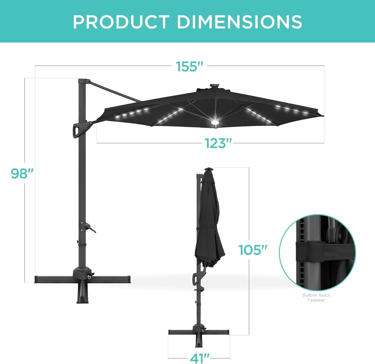 Best Choice Products 10ft Solar LED Cantilever Patio Umbrella, 360-Degree Rotation Hanging Offset Market Outdoor Sun Shade for Backyard, Deck, Poolside w/Lights, Easy Tilt, Cross Base - Black