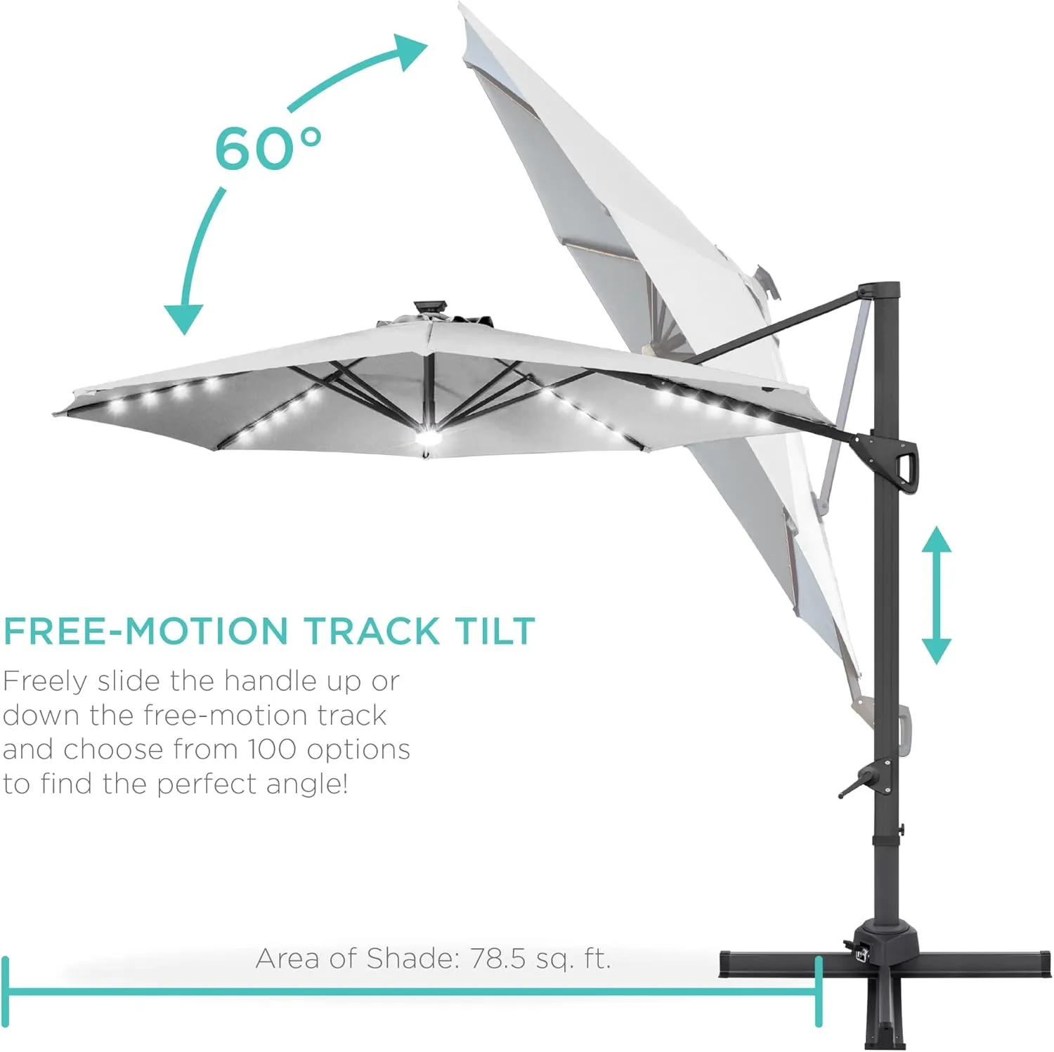 Best Choice Products 10ft Solar LED Cantilever Patio Umbrella, 360-Degree Rotation Hanging Offset Market Outdoor Sun Shade for Backyard, Deck, Poolside w/Lights, Easy Tilt, Cross Base - Fog Gray
