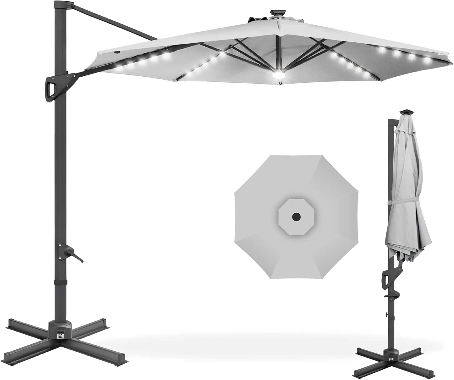 Best Choice Products 10ft Solar LED Cantilever Patio Umbrella, 360-Degree Rotation Hanging Offset Market Outdoor Sun Shade for Backyard, Deck, Poolside w/Lights, Easy Tilt, Cross Base - Fog Gray