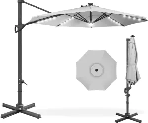 Best Choice Products 10ft Solar LED Cantilever Patio Umbrella, 360-Degree Rotation Hanging Offset Market Outdoor Sun Shade for Backyard, Deck, Poolside w/Lights, Easy Tilt, Cross Base - Fog Gray